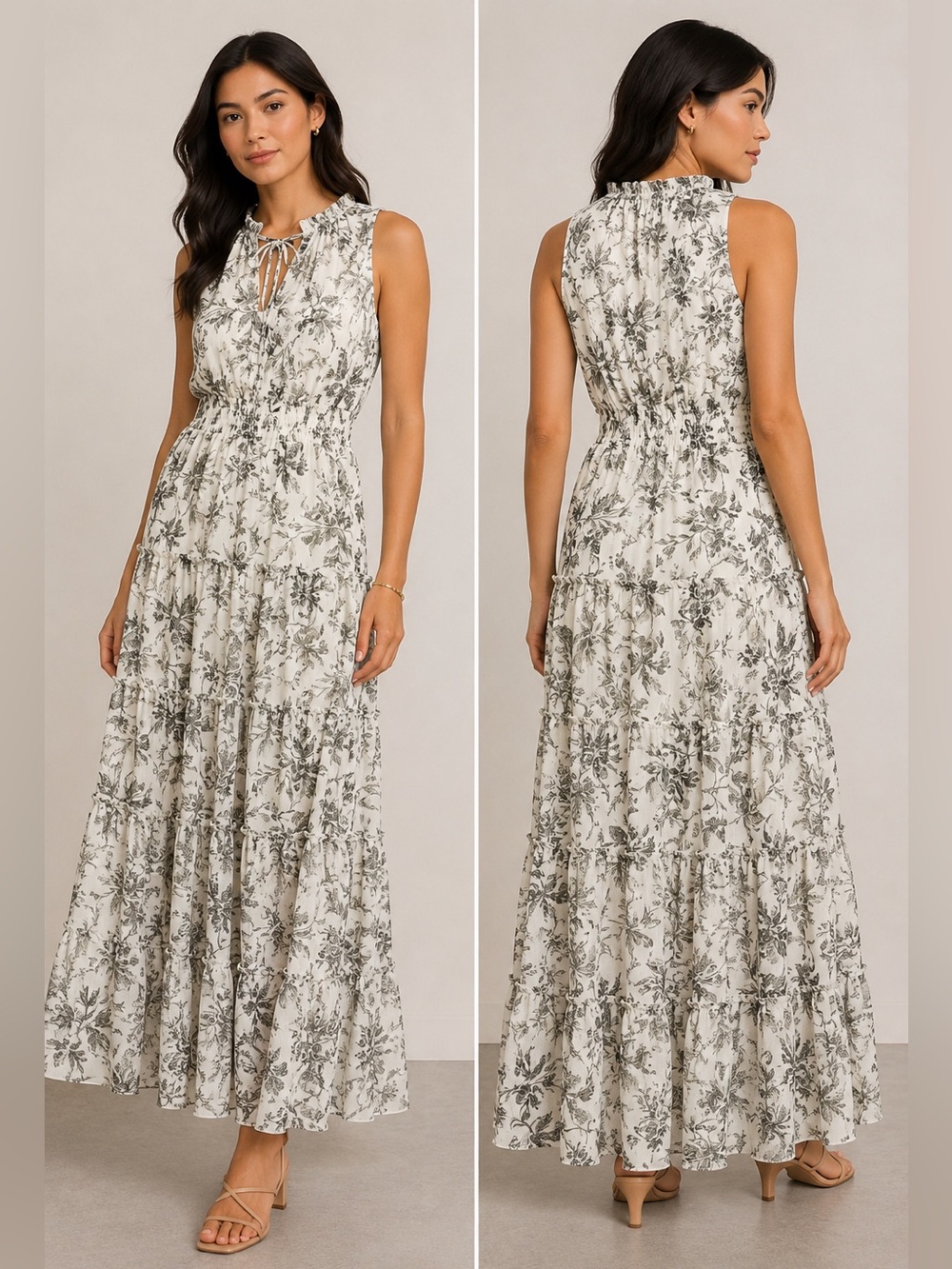 Express Floral Toile Tiered Maxi Dress Cream Gray Sleeveless Cottagecore XS